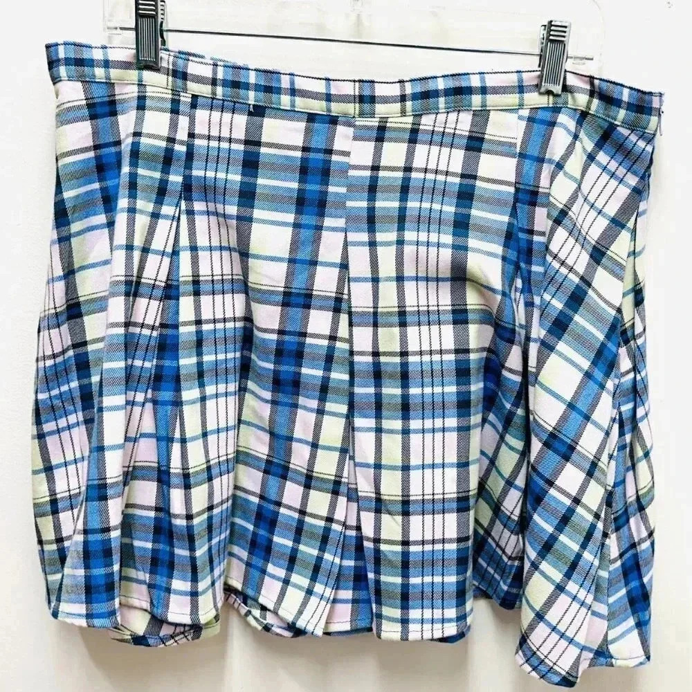NWT GOODS FOR LIFE Juniors High Rise Plaid Navy Pink Pleaded Skirt Size 17